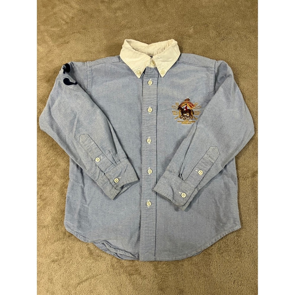 Vintage Polo Ralph Lauren crest Polo Boys 4T Navy Blue Oxford Cotton L/S GOOD